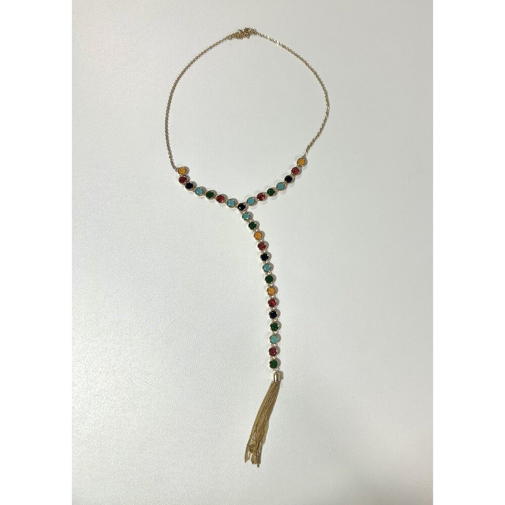 Goldtone Bezel Rainbow Jewel Lariat “Y” Necklace w/Tassel Multicolor Adjustable